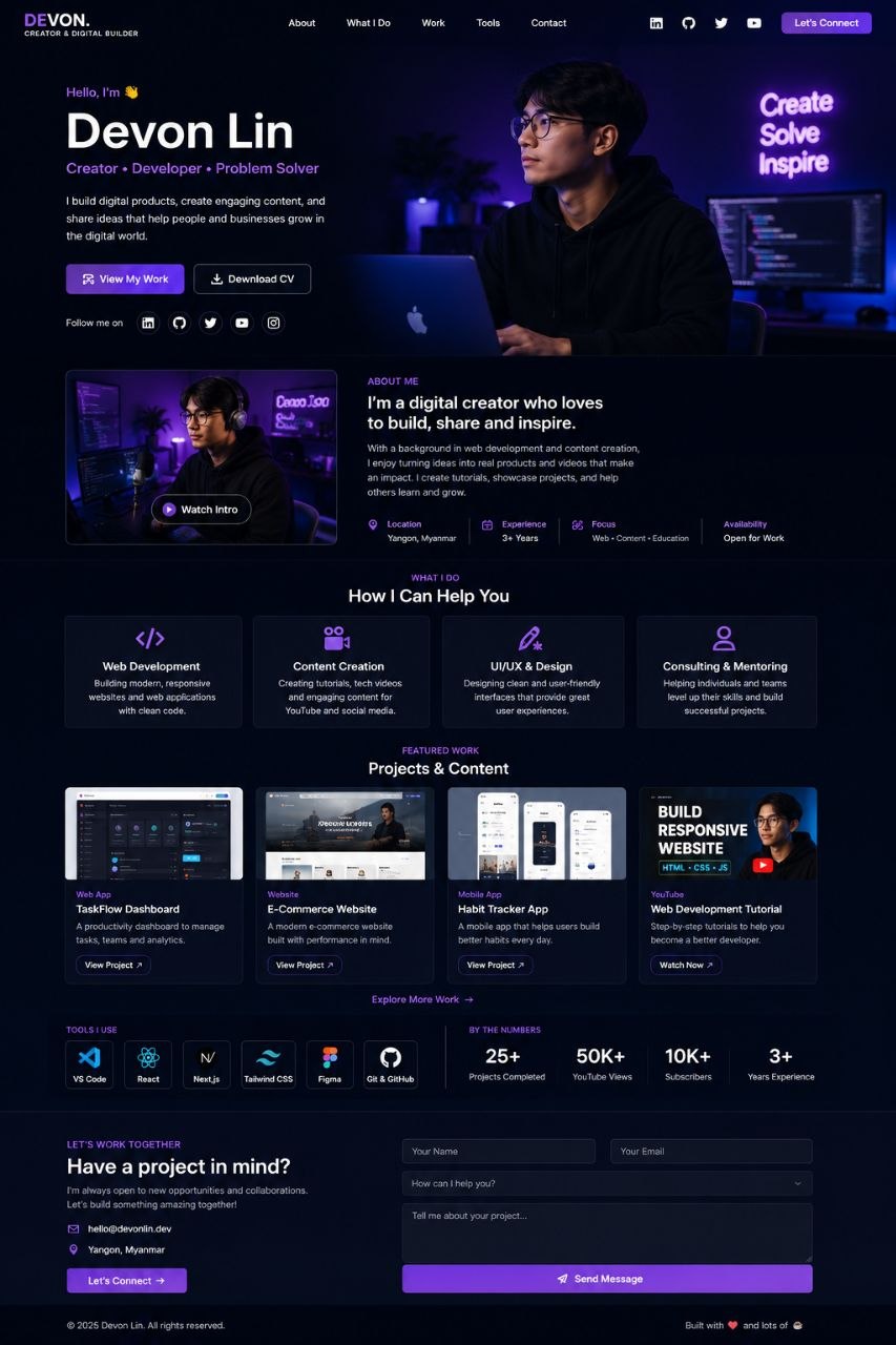 Dark personal creator portfolio website example