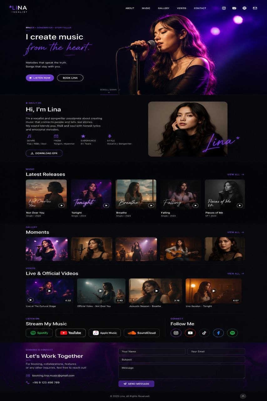 Artist and vocalist portfolio website example
