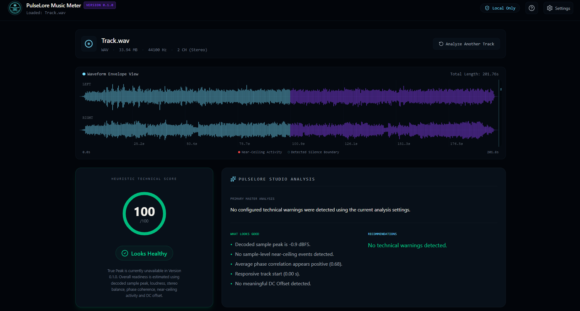 Music Meter analysis results overview with waveform and readiness score